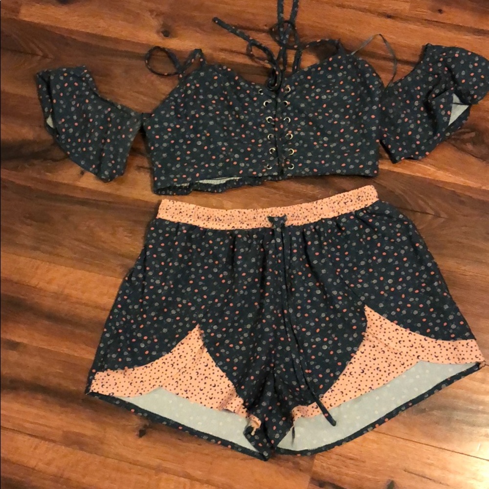 Navy printed off the shoulder set